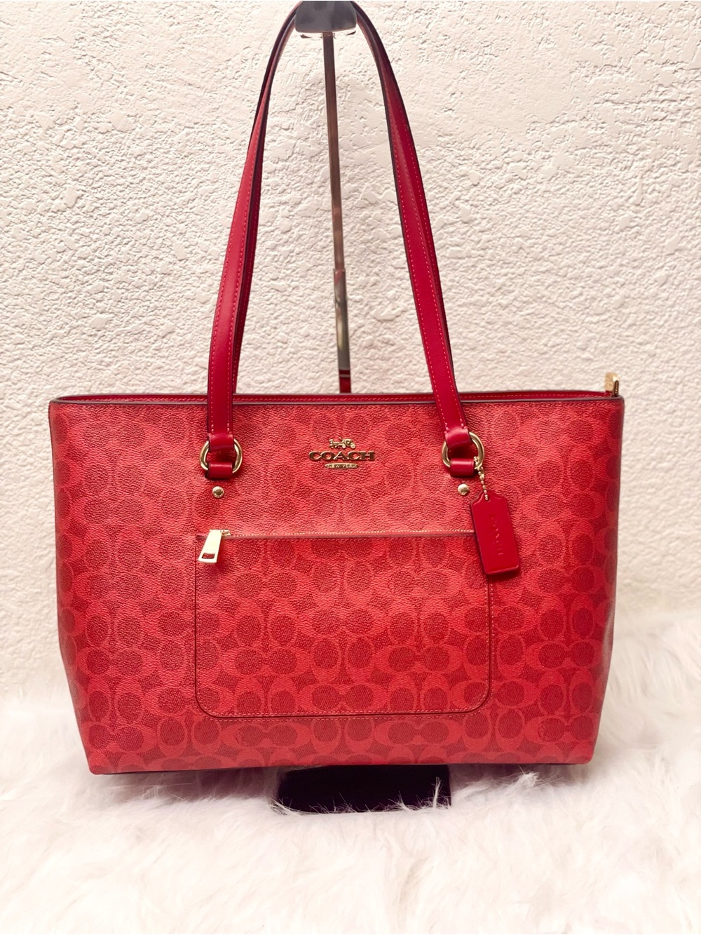 NWT COACH Station Tote Shoulder Bag Signature Canvas Leather Crimson Gold CCD69